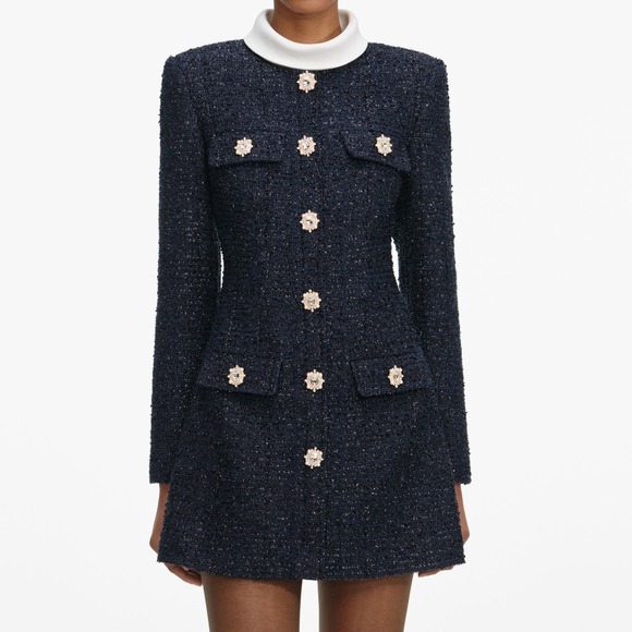 Self Portrait Dresses & Skirts - Self Portrait Navy Boucle Long Sleeve Mini Dress Pearl Buttons Size‎ US 6 NWT